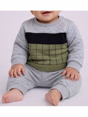 PL:BABY • Grey/Green/Black Quilted Sweatshirt and Joggers Matching Set, 6M